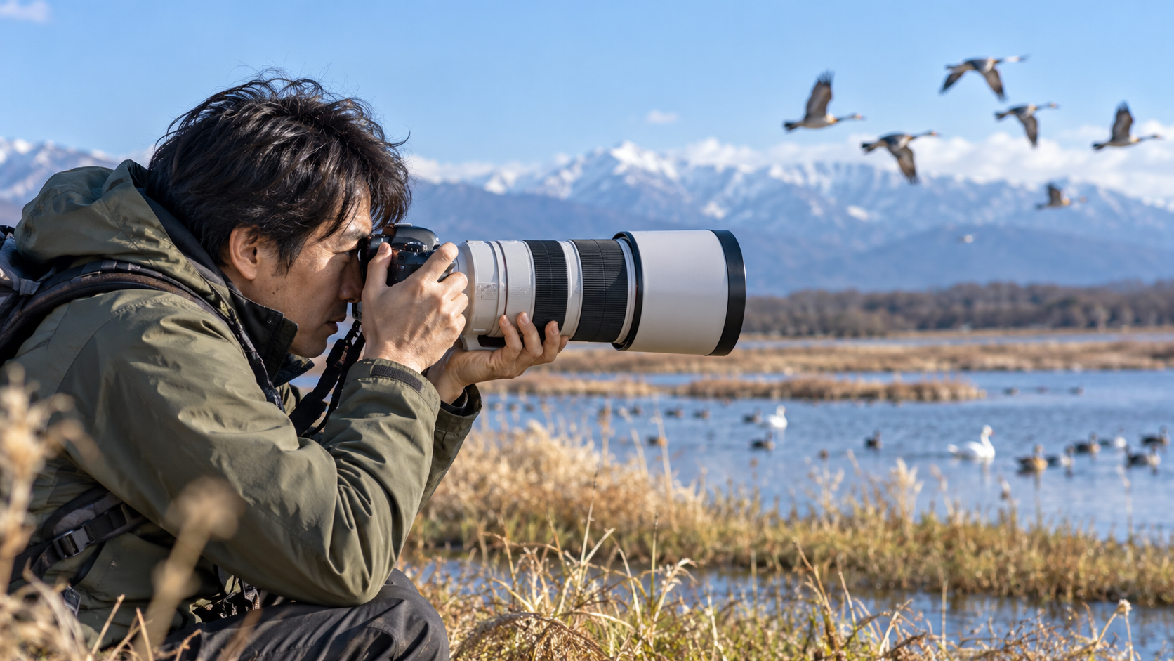 湖畔で超望遠レンズを装着したカメラを使い飛翔する野鳥を撮影する日本人男性