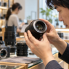 中古カメラ店で交換レンズの後玉とマウント部分を確認する男性