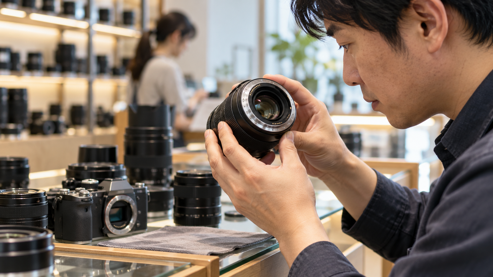 中古カメラ店で交換レンズの後玉とマウント部分を確認する男性