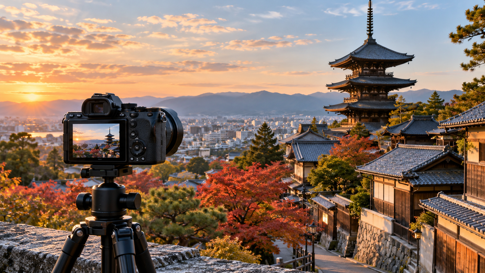紅葉と寺院の塔が広がる夕暮れの風景を三脚に固定したミラーレスカメラで撮影する様子