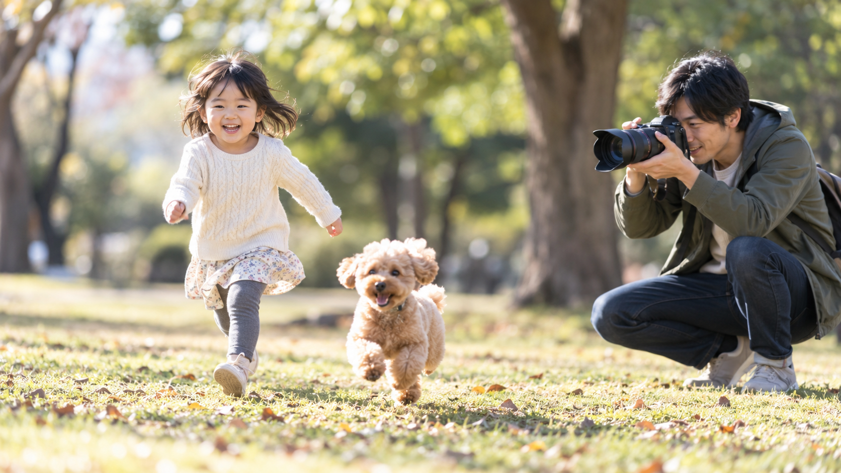 公園を走る子どもと小型犬を望遠レンズ付きのミラーレスカメラで撮影する男性