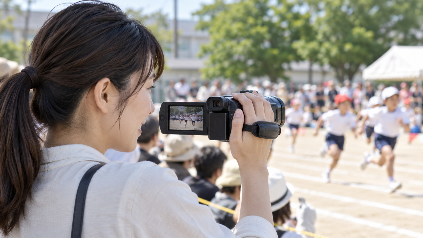 運動会で走る子どもたちをハンディビデオカメラで撮影する女性