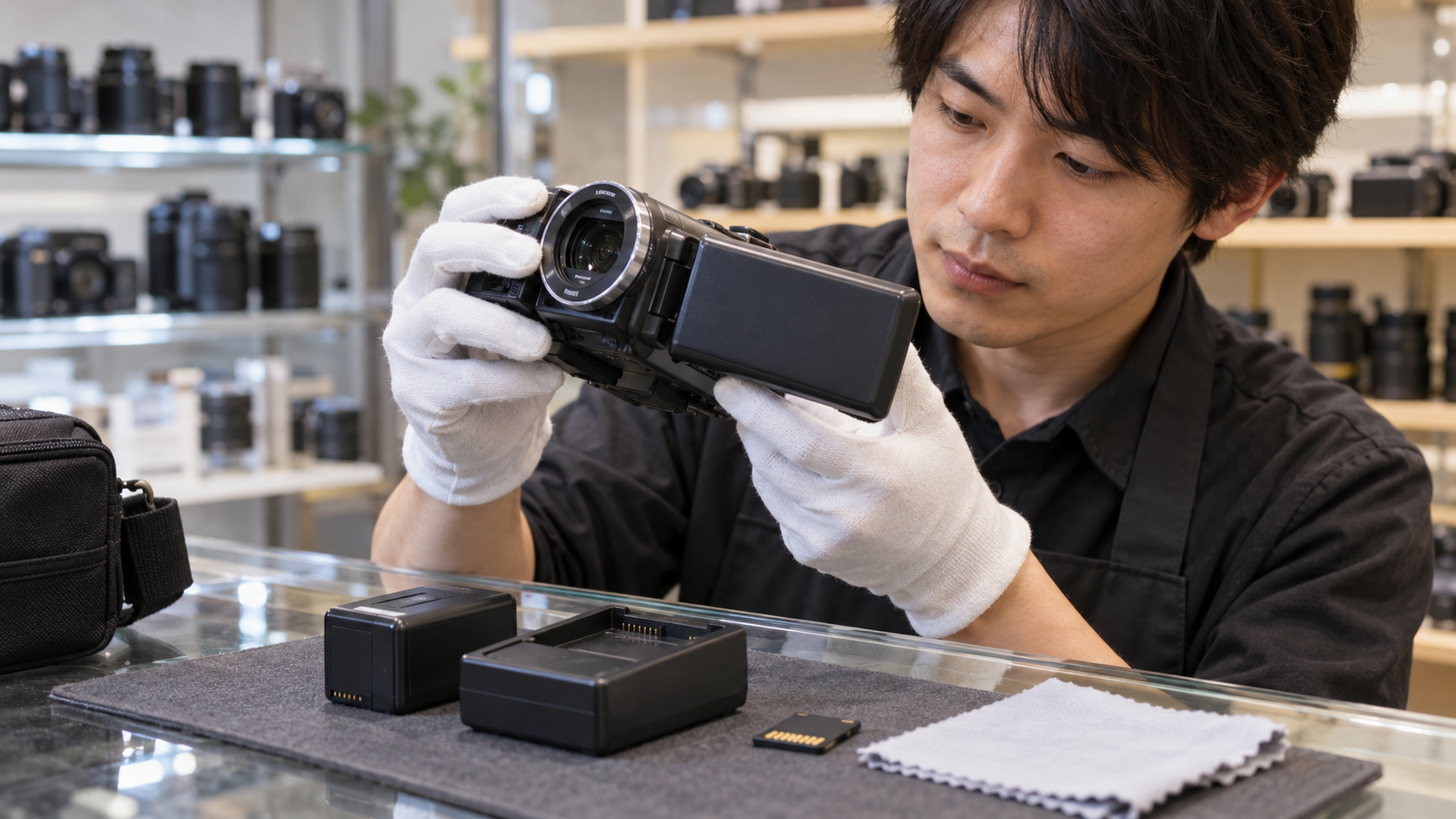 中古カメラ店でビデオカメラのレンズと本体を点検する男性