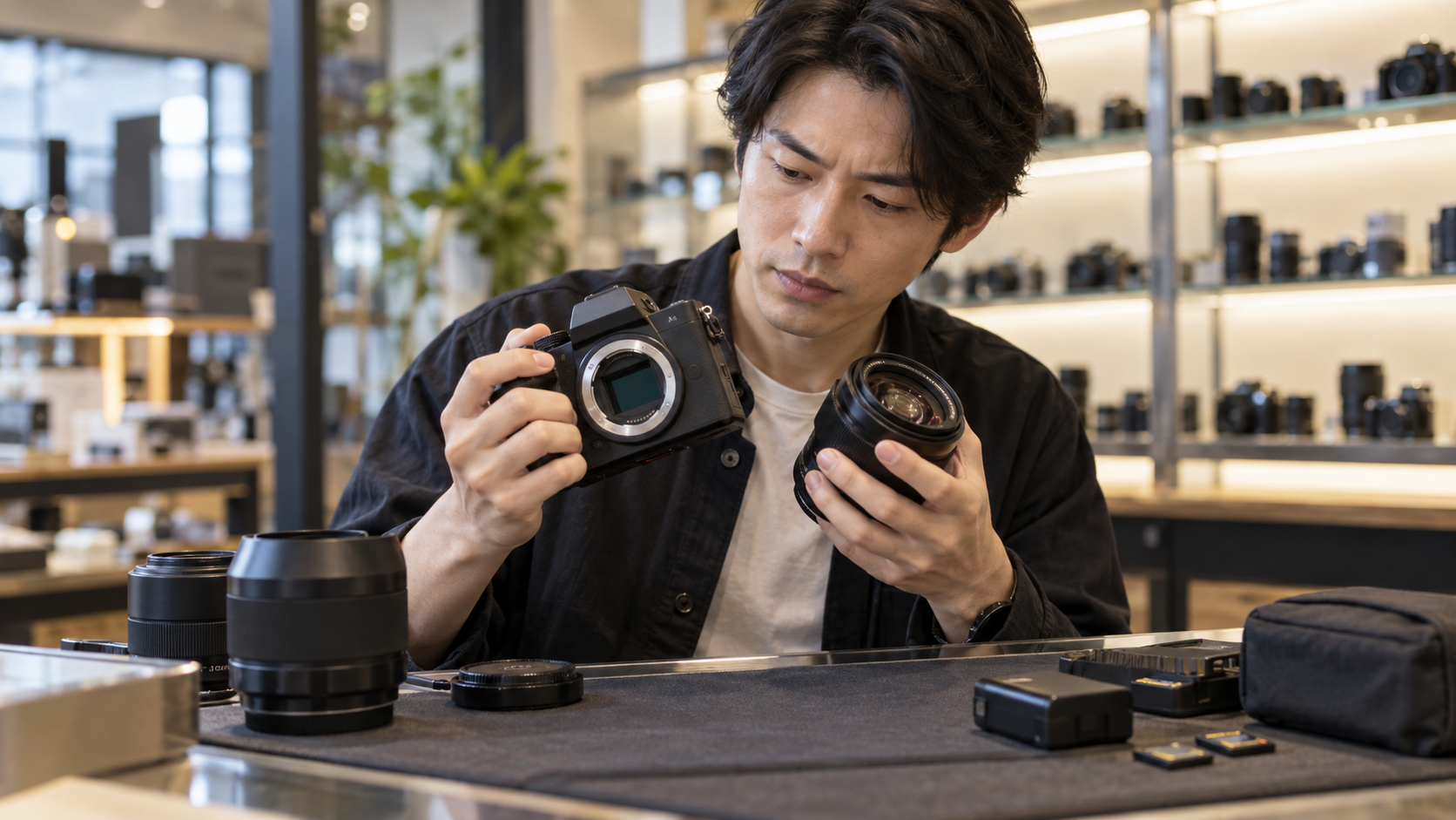 中古カメラ専門店でミラーレスカメラのマウント部と交換レンズを確認する男性