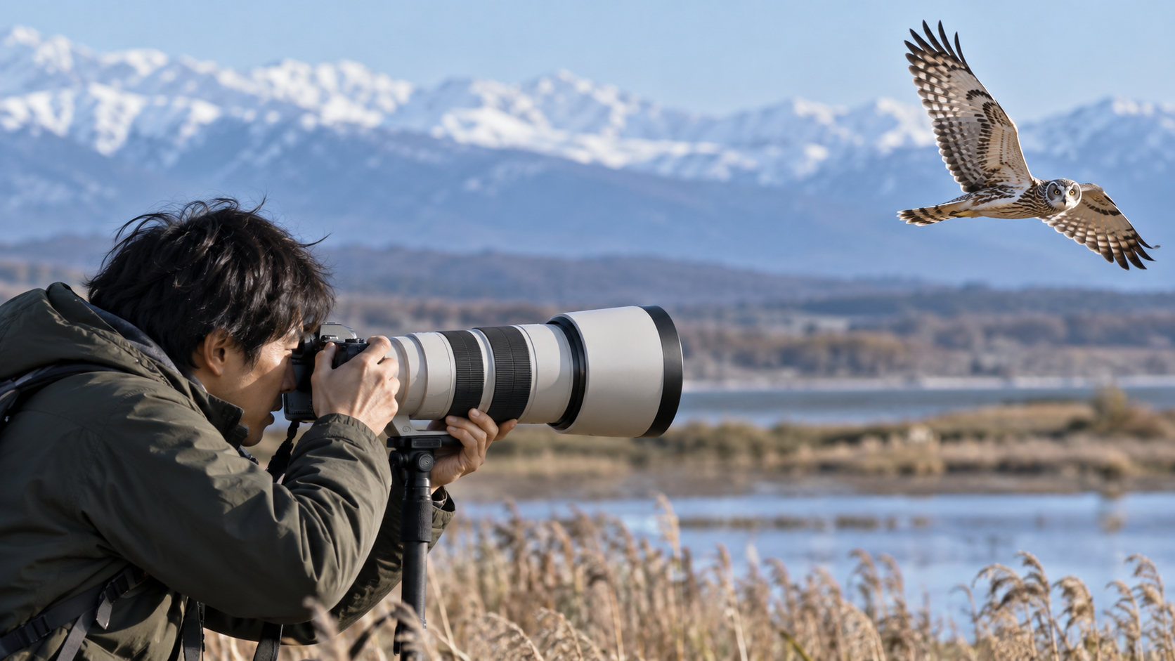 超望遠レンズを使って湖畔で飛翔する野鳥を撮影する日本人男性