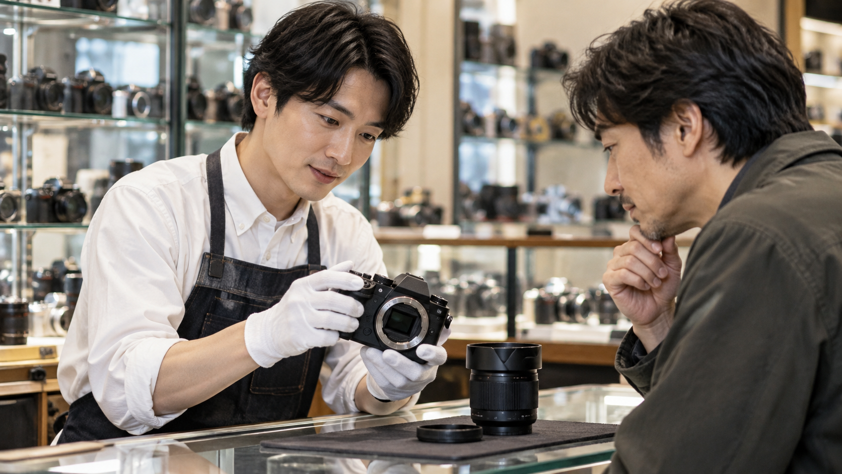 中古カメラ店でミラーレスカメラの状態を説明する店員と購入を検討する男性