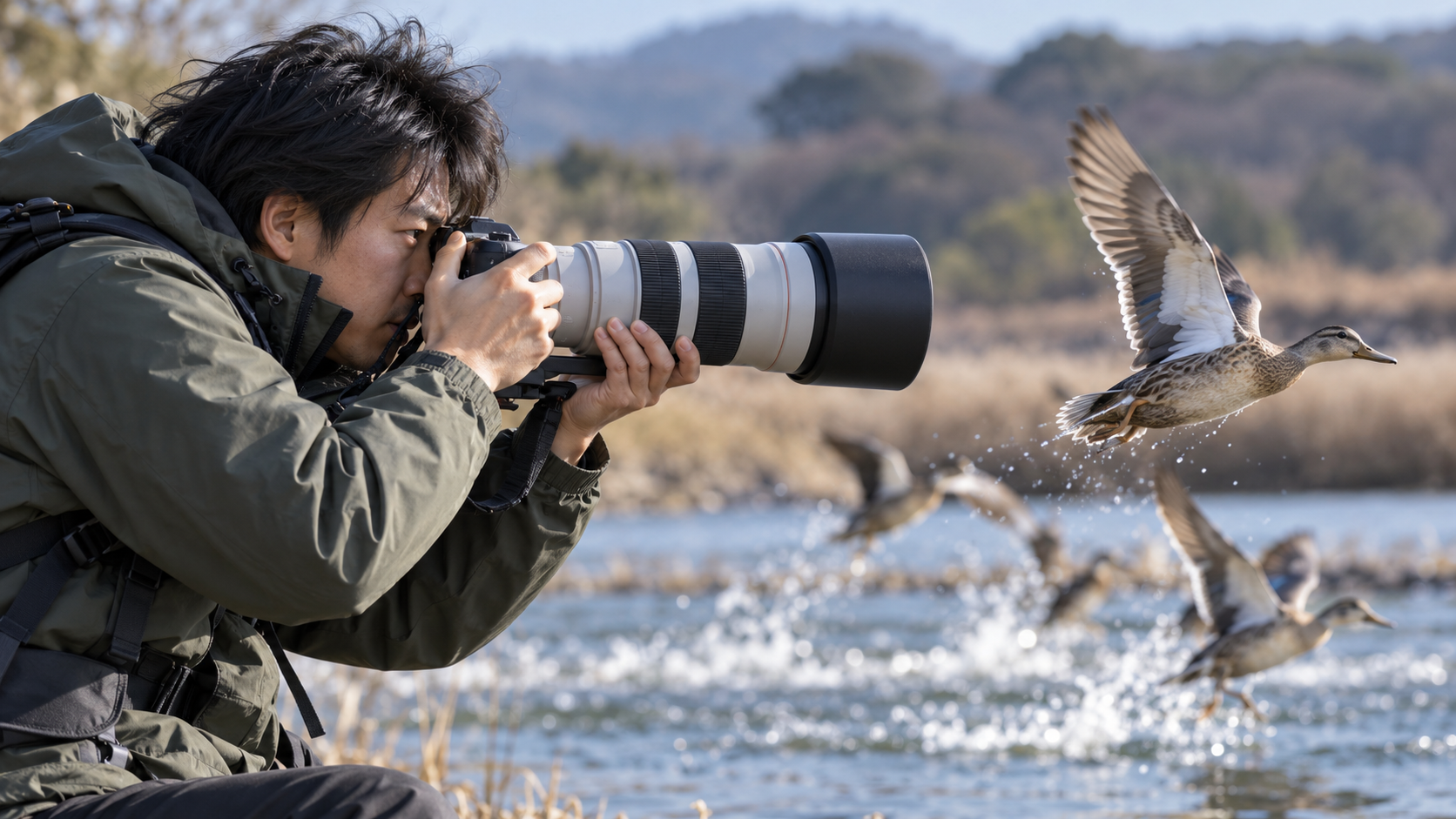 望遠レンズで水辺を飛び立つ野鳥を撮影する男性カメラマン