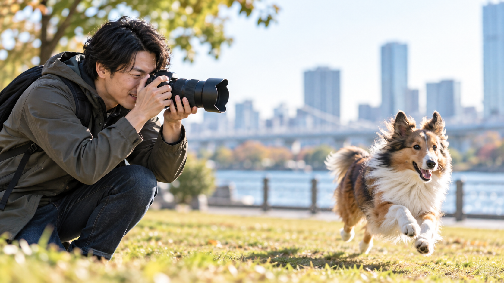 公園で走る犬をミラーレスカメラの望遠レンズで撮影する日本人男性