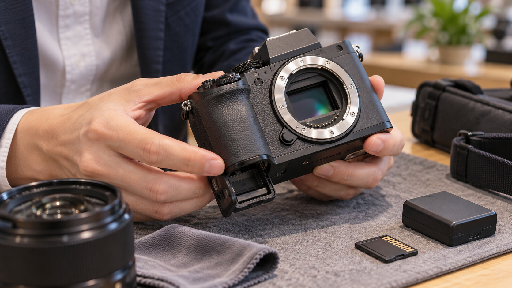 中古ミラーレスカメラのレンズマウントと本体の状態を手で点検する様子