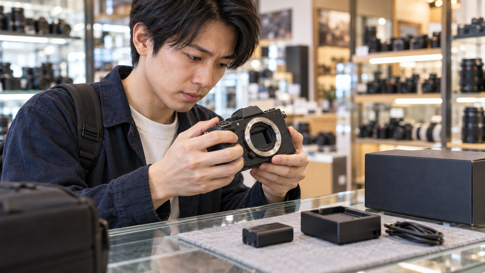 中古カメラ専門店でミラーレスカメラのマウントと付属品を確認する男性