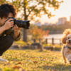 夕暮れの公園でミラーレスカメラを使い走る小型犬を撮影する男性