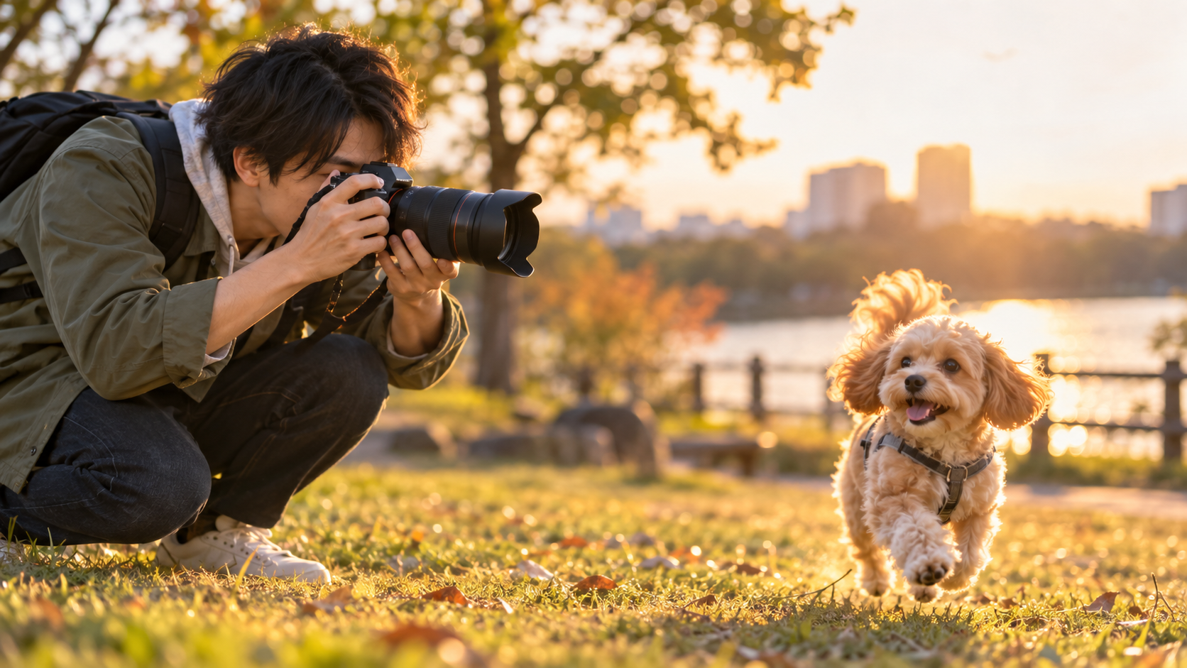 夕暮れの公園でミラーレスカメラを使い走る小型犬を撮影する男性
