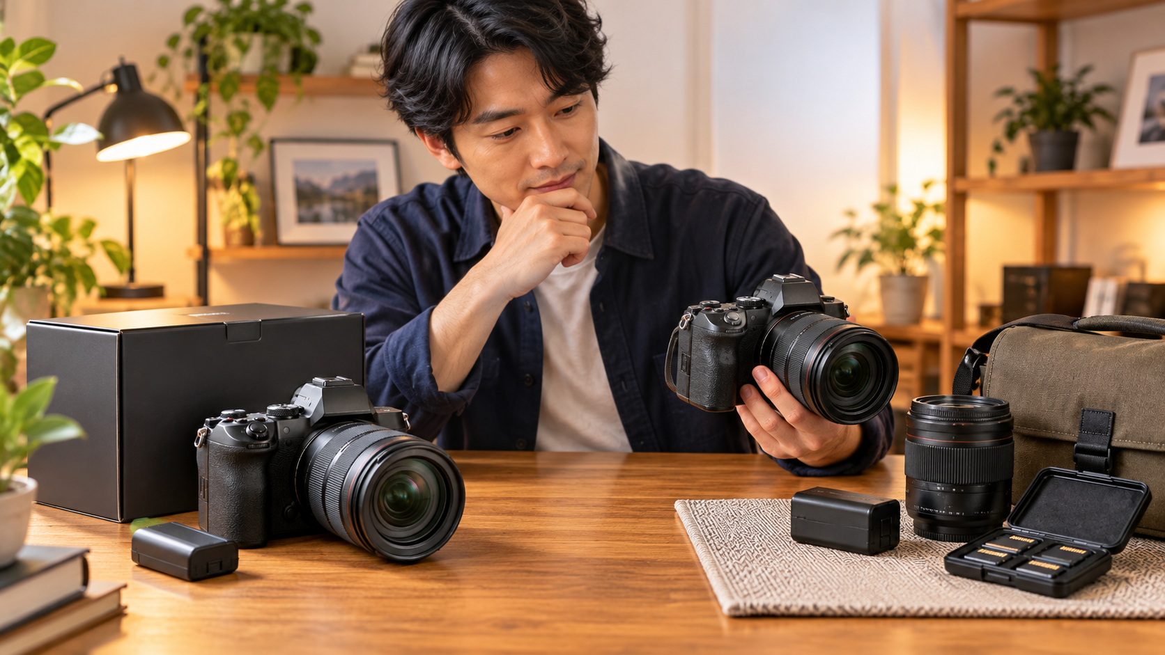 新品と中古のミラーレスカメラを並べて購入条件を比較する日本人男性