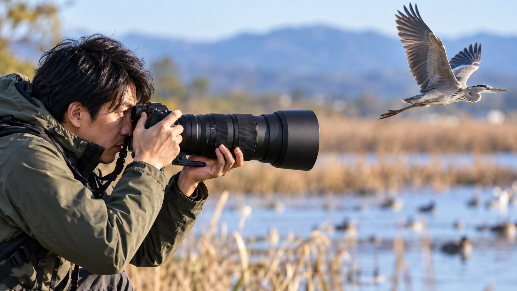超望遠レンズを使って湿地を飛ぶ野鳥を撮影する日本人カメラマン