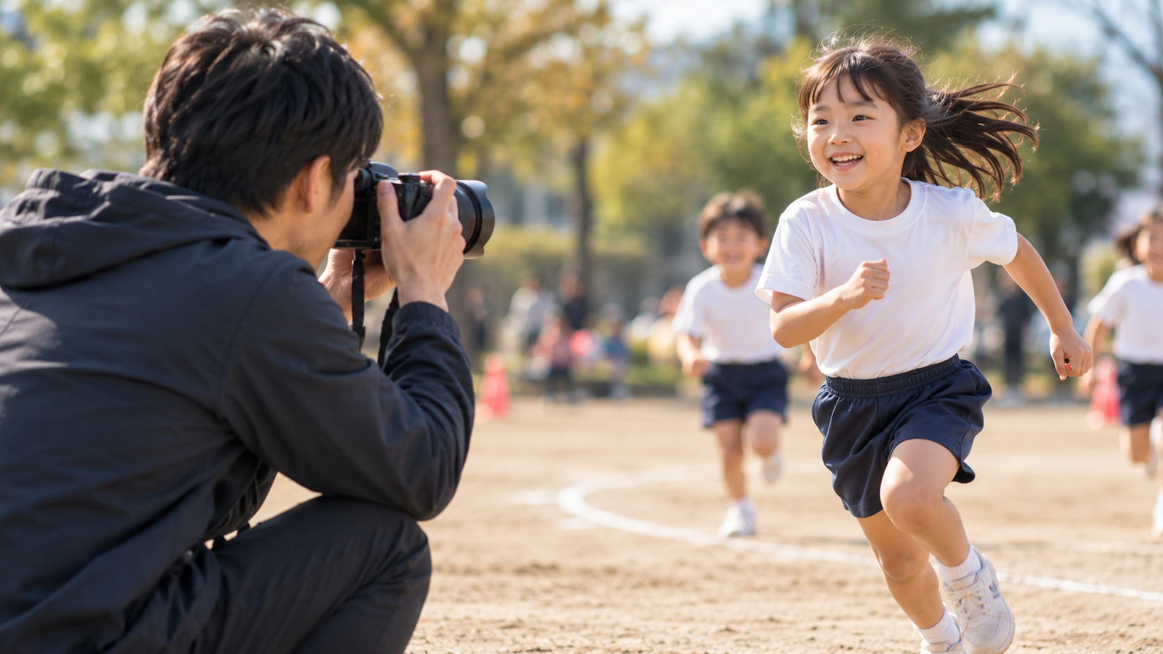運動会で走る子どもをミラーレスカメラで撮影する日本人男性