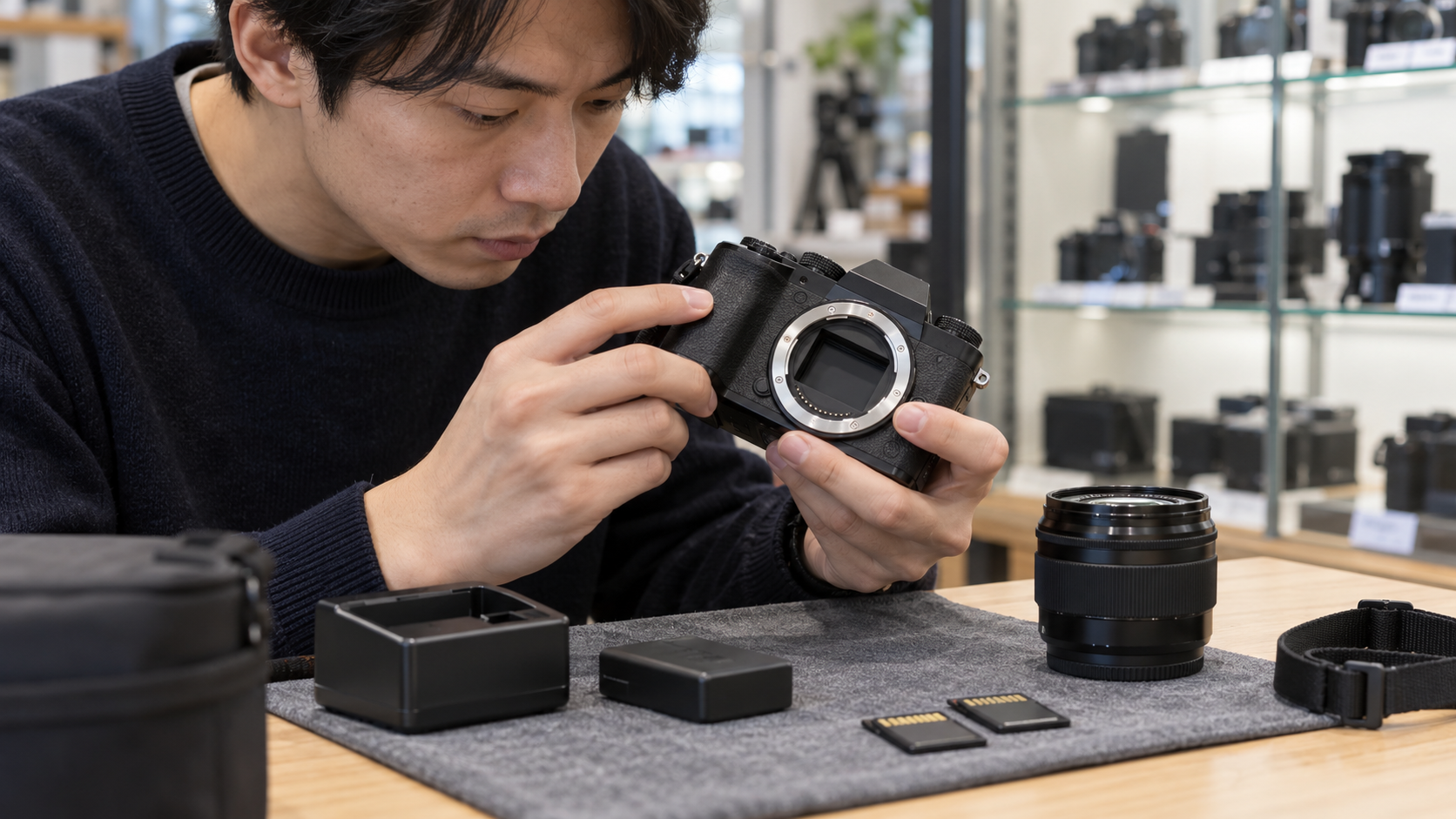 中古ミラーレスカメラのレンズマウントと本体の状態を確認する日本人男性